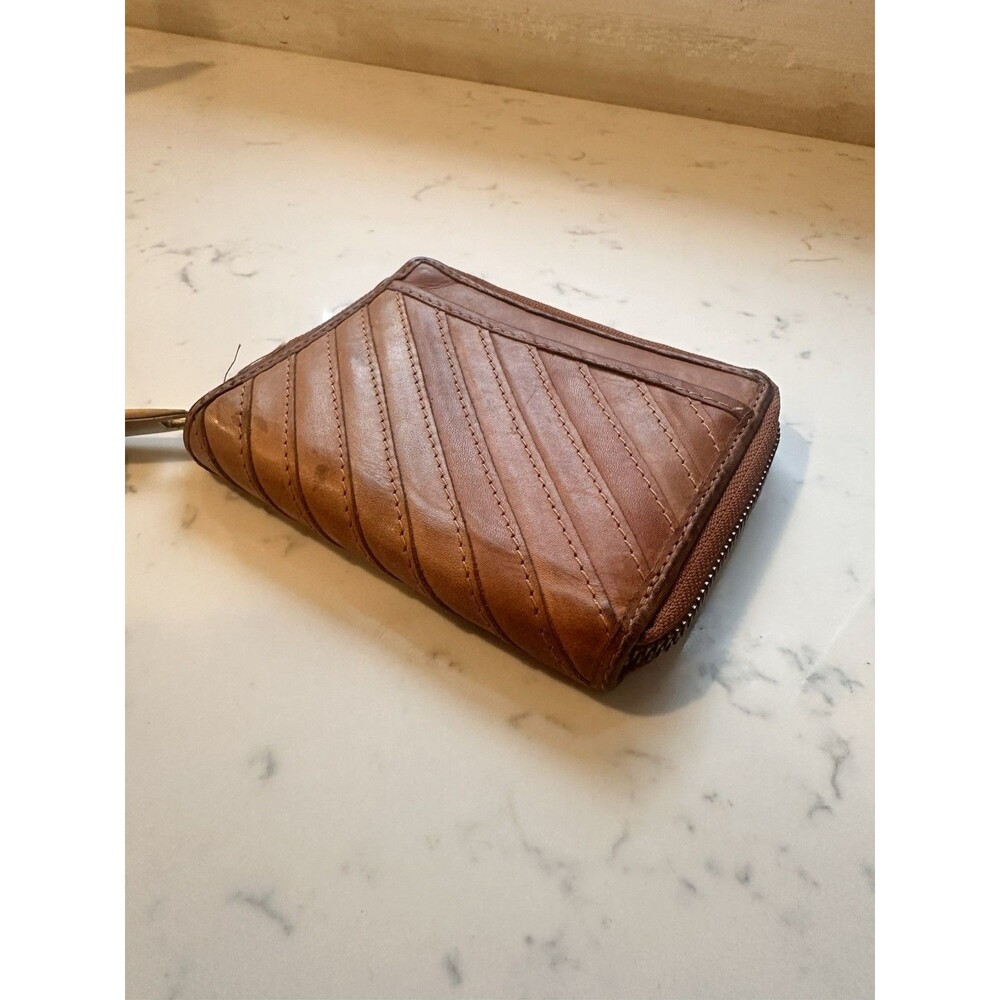 Margot Cognac Brown Leather Chevron Cyrus Slim Zip Around Wallet 5”x1”x4.5”